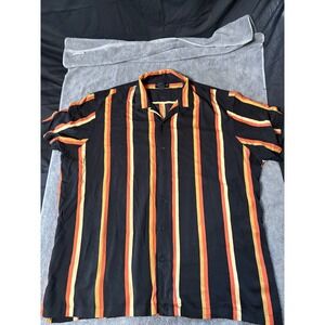 Shaquille O'Neal XLG Mens 2XL Black Orange Striped Rayon Short Sleeve Camp Shirt